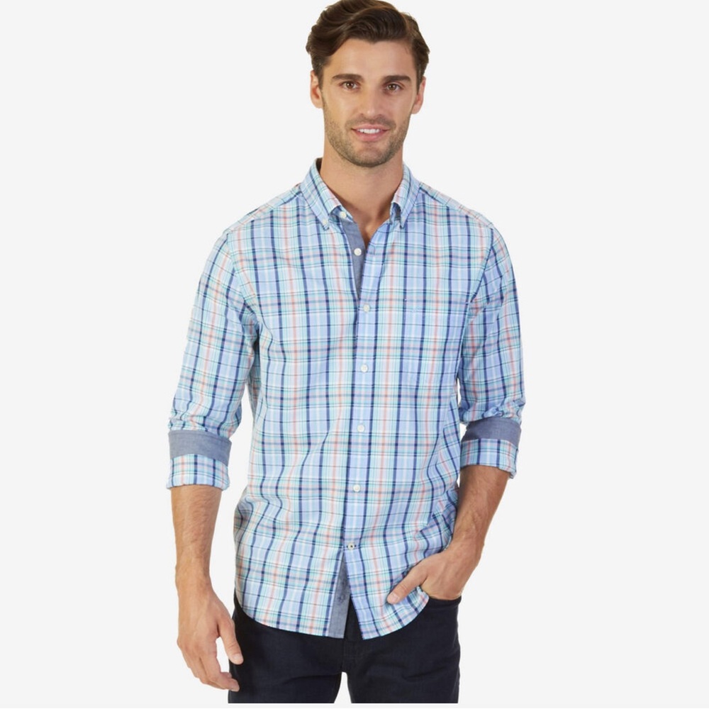 Men's coastal plaid classic fit button-down shirt size XL blue peach green